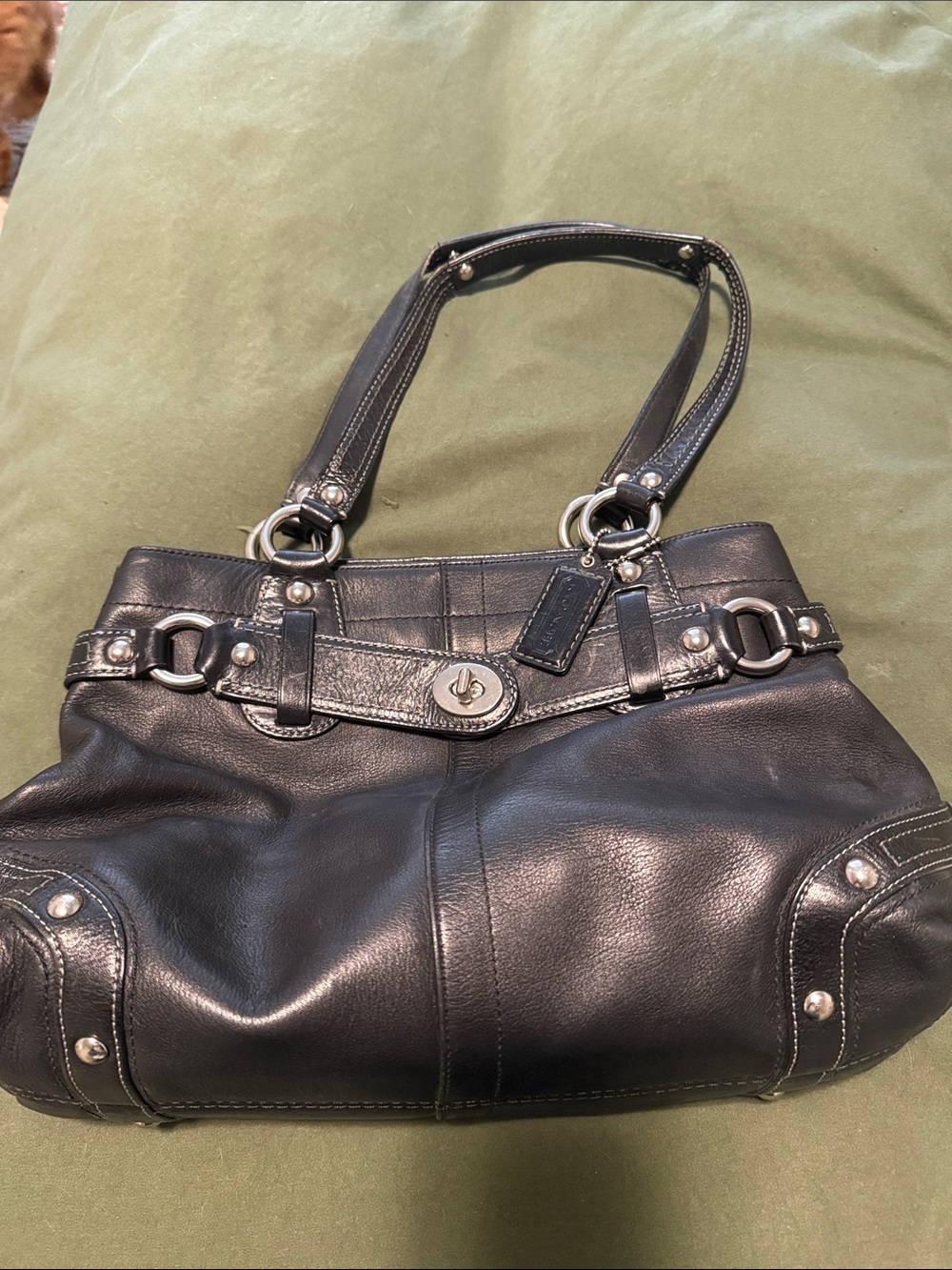 Black Leather Coach Shoulder Bag with Silver Hardware - Picture 2 of 8